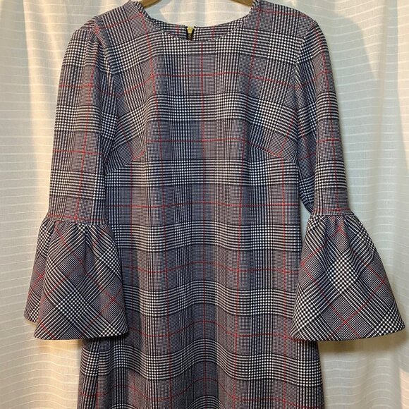 Calvin Klein Plaid Bell Sleeve Dress Houndstooth Pattern Knee Length Back Zip - Picture 4 of 8